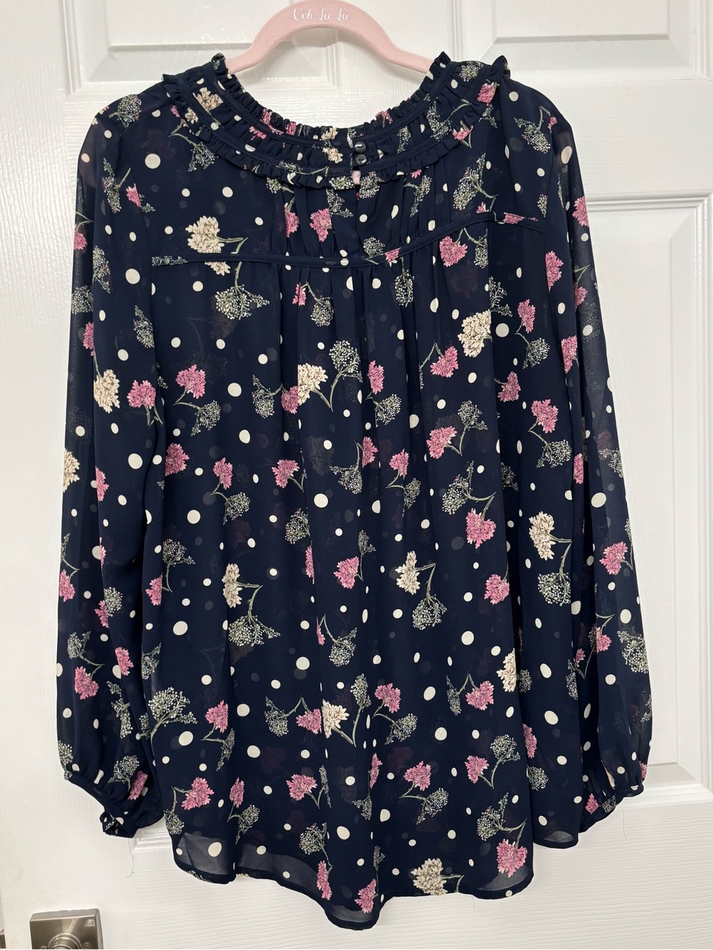 Suzanne Betro Navy Floral Ruffled Neck Blouse XXL